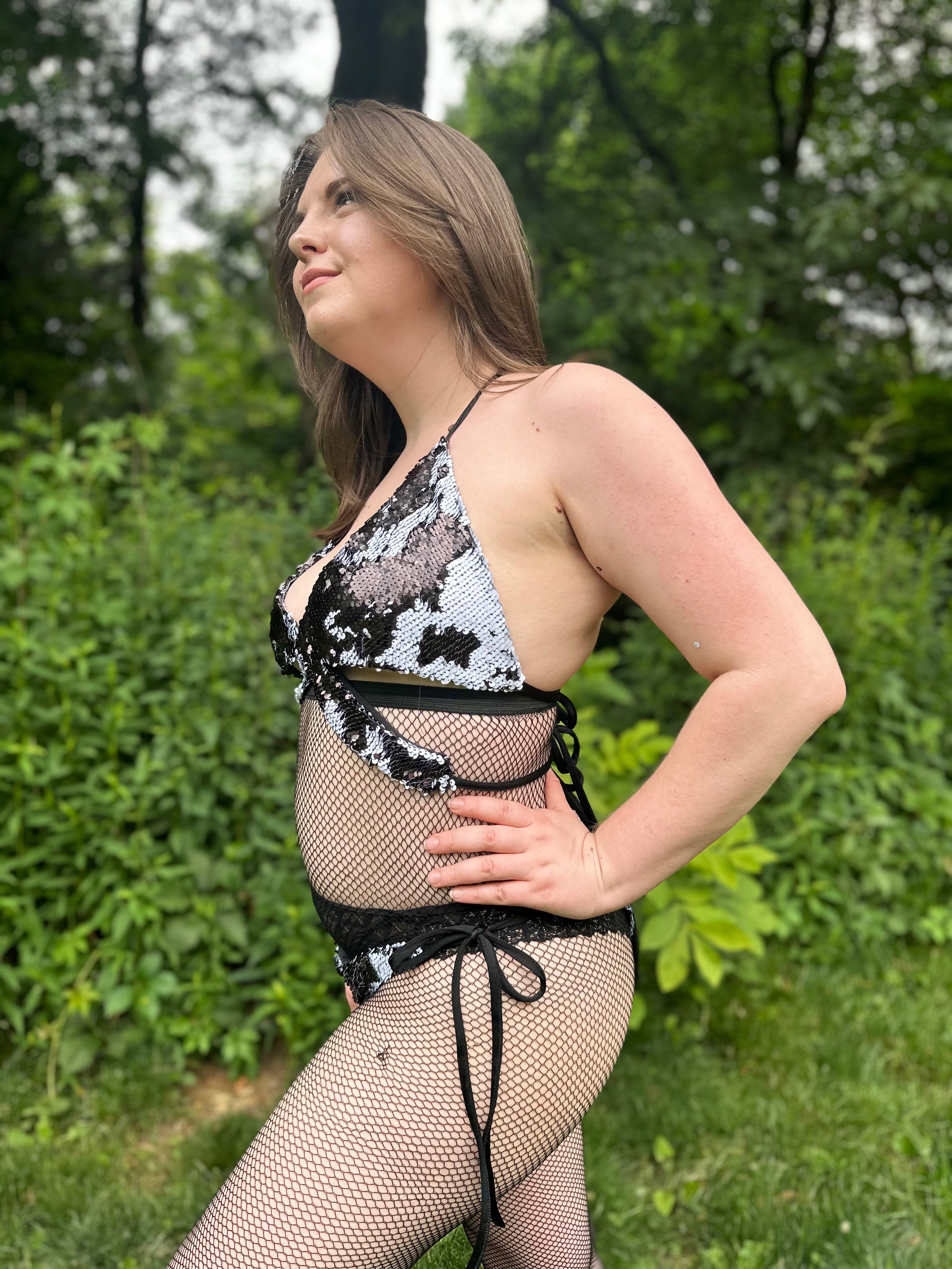 Starstruck Sequin Bikini Top in Black & White